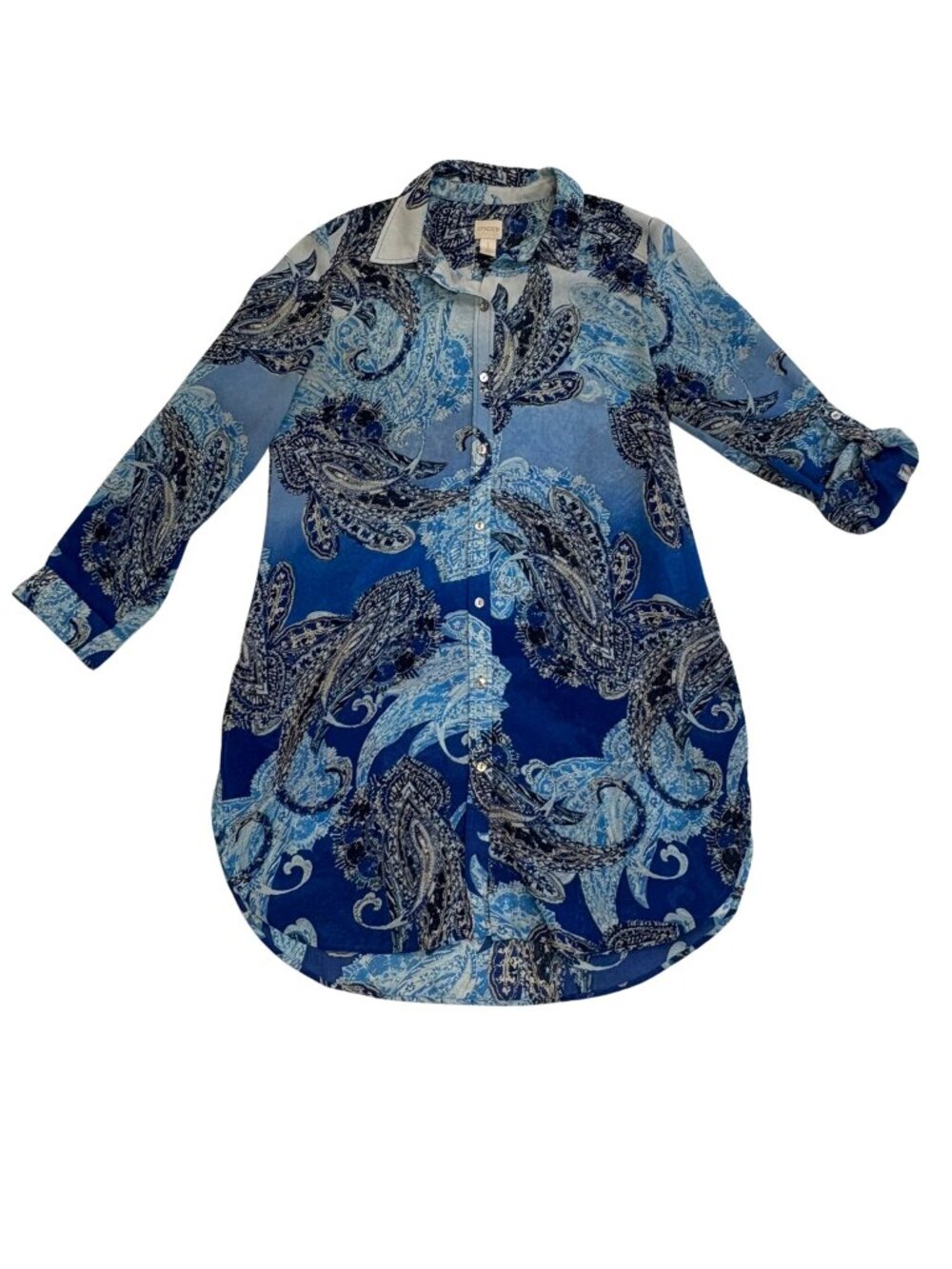 Chico’s Paisley Button Front Tunic Size 1 / Med Blue Longline Boho Coastal